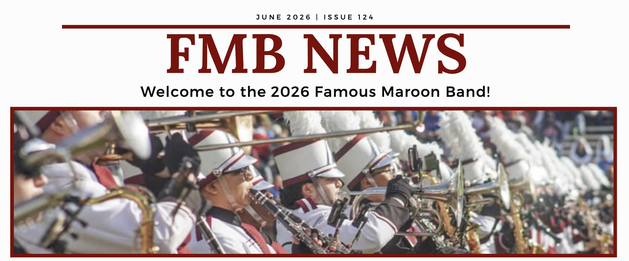 The header of the June newsletter featuring the 2025 FMB marching on Scott Field