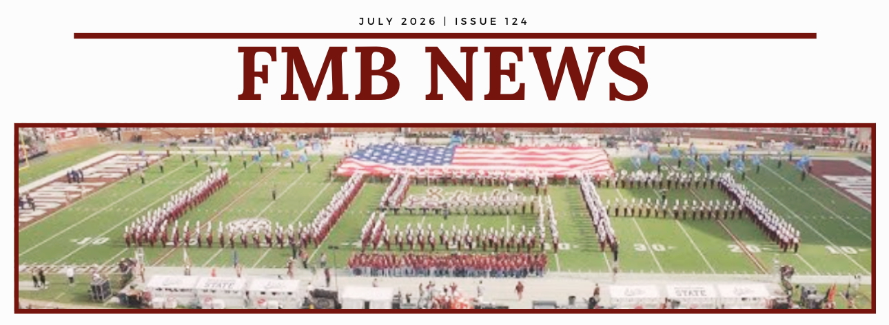 The header of the July newsletter featuring the FMB spelling "USA" from their annual patriotic show.